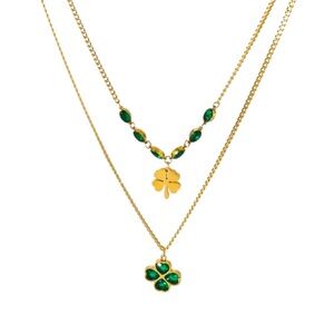 Green Lucky Clover Necklace Set Stainless Steel
